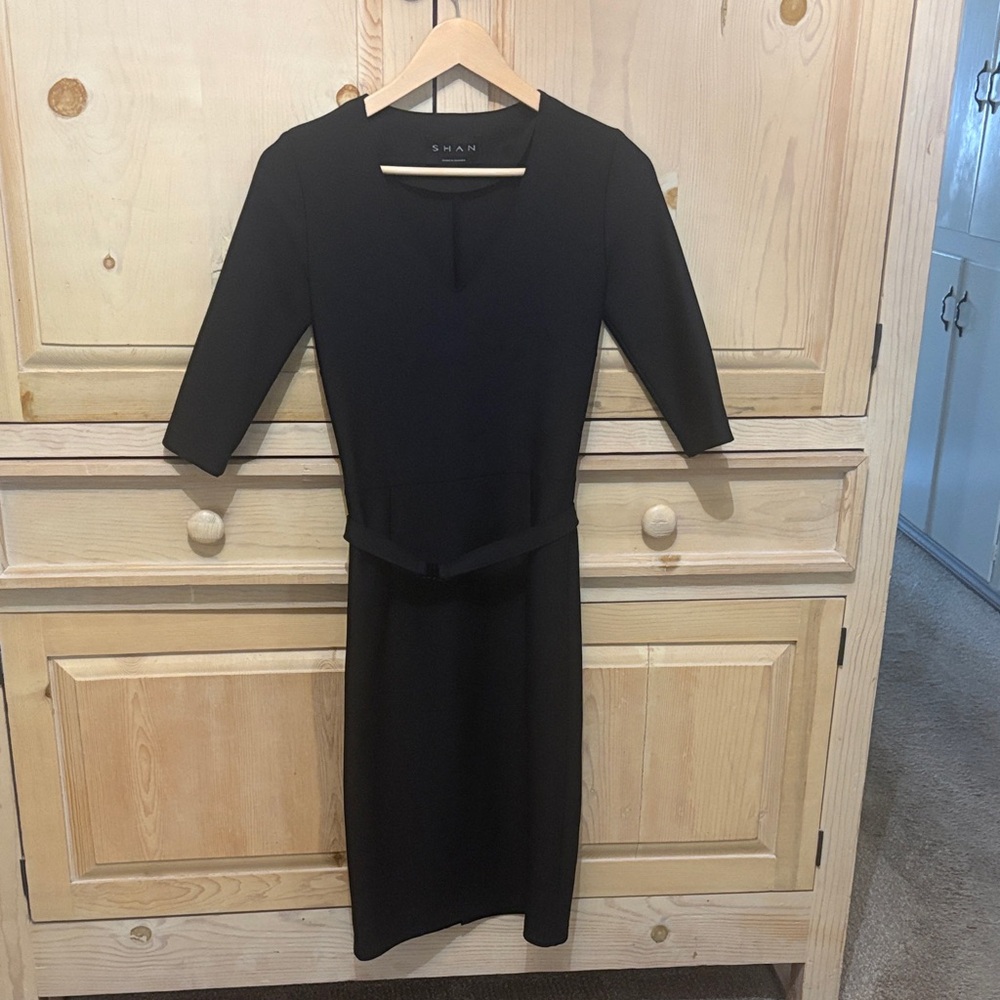 SHAN Black Midi Sheath Dress with Slim Belt